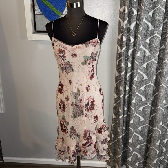 Muse 100% Silk Rose Floral Print Ruffled Spaghetti Strap Fairy Dress - Picture 2 of 10